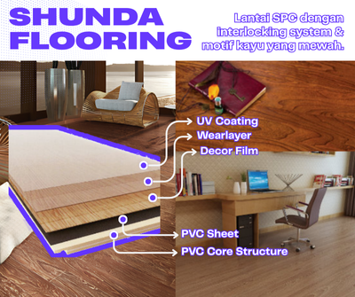 Shunda Flooring adalah produk interior lantai SPC dengan system interlocking, dilengkapi dengan berbagai motif kayu mewah.